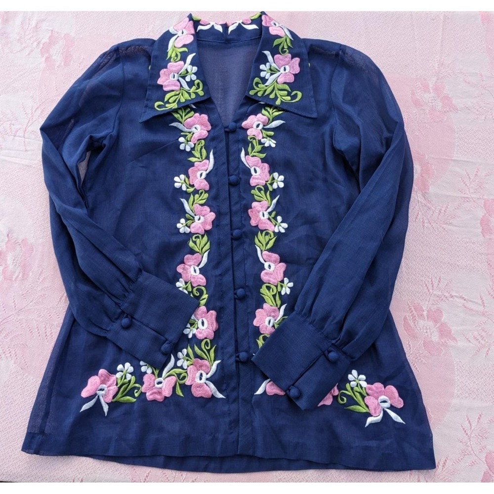 Vintage 70s Floral Embroidered Voile Blouse S/M Sheer Blue Button Up Top Boho